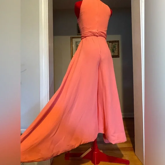 VTG 60s / 70s Coral Halter Wide / Balloon Leg Jumpsuit W Embellished Collar - Picture 3 of 13
